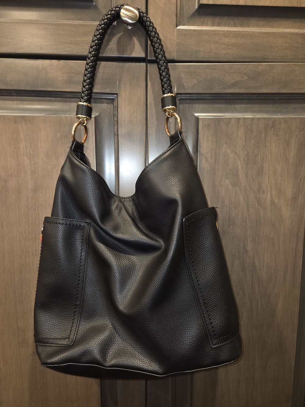 Black Leather Hobo Shoulder Bag with Braided Handle